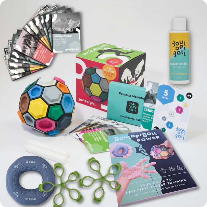 The Boulderball POWER Bundle combines a bouldering ball, rubber ring, and tension band