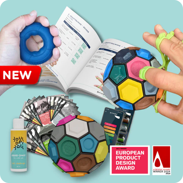 The Boulderball POWER Bundle combines a bouldering ball, rubber ring, and tension band