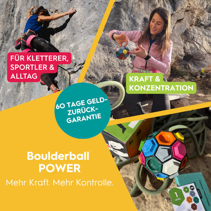 The Boulderball POWER Bundle combines a bouldering ball, rubber ring, and tension band